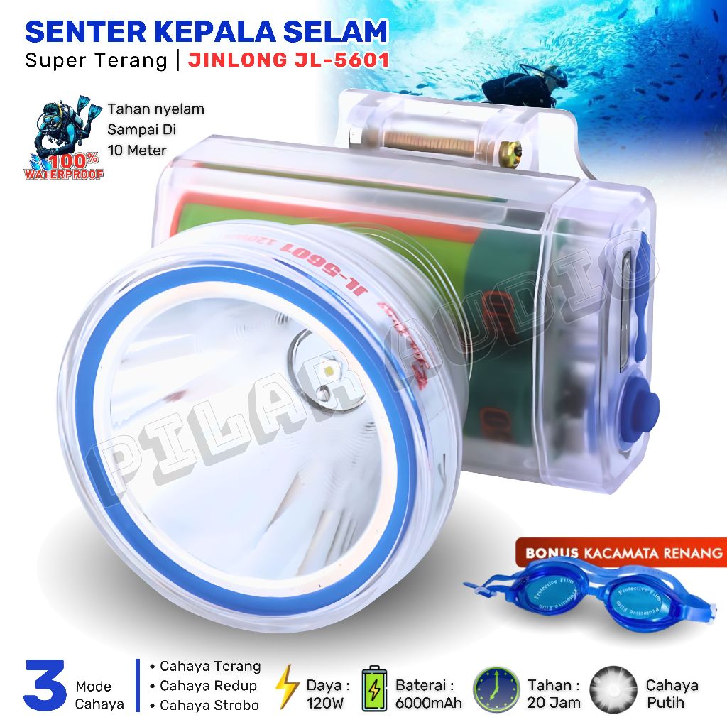 Jin Long Senter Kepala Selam 120W JINLONG JL-5601 Gratis Kacamata Selam Tahan 20 Jam Super Terang