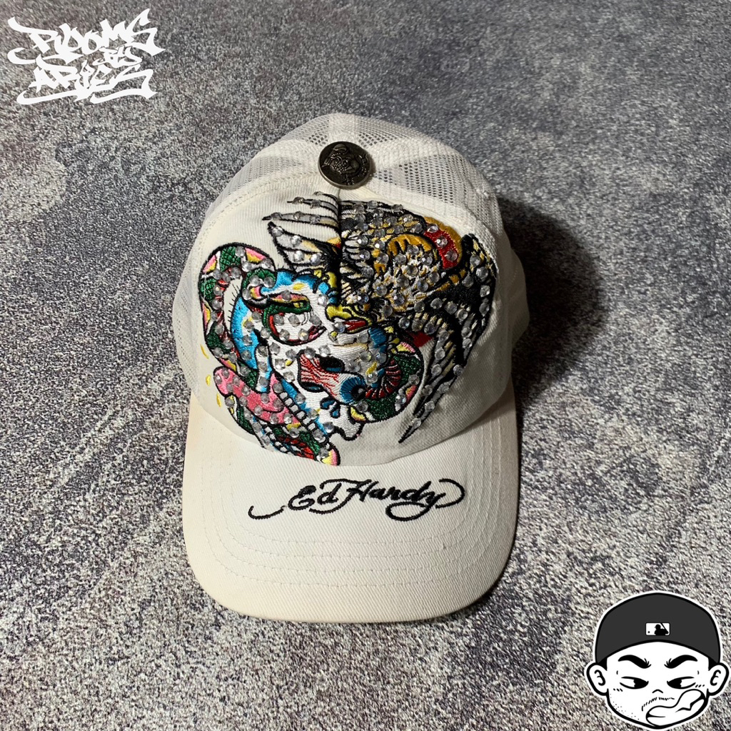 RBA* Cap Collection ‘Vintage Ed Hardy Rhinestone Skull White Trucker Cap • Y2K’
