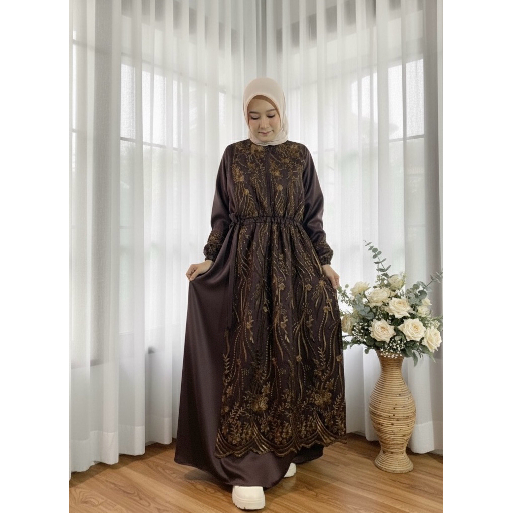 Gamis Brukat Kondangan Busui Dress Simple Elegan Lebaran Gamis Roberto Mix Brukat Premium