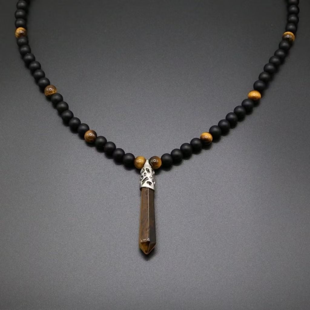 kalung batu akik hajar jahanama 6 mm bandul batu tigereye pendulum