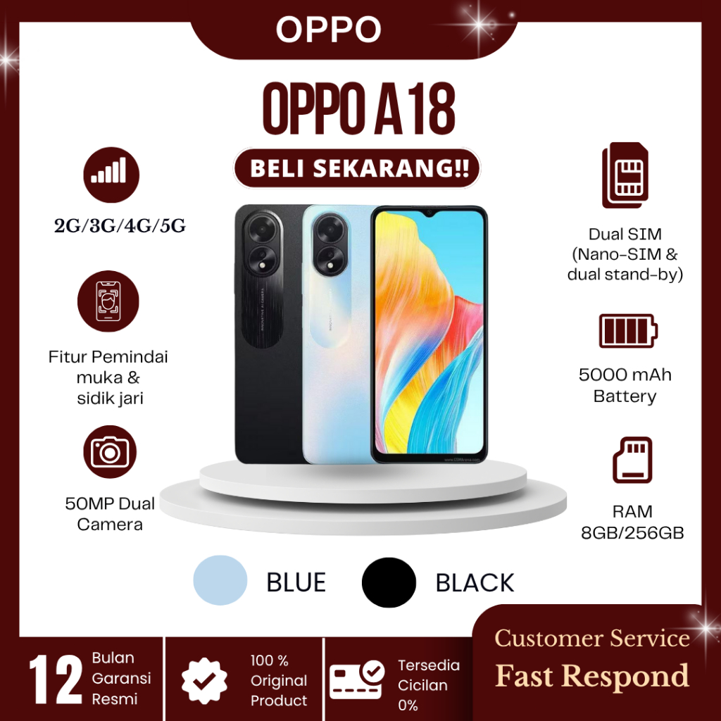 OPPO A18 Asli RAM 4GB 128GB – HP Murah Terbaru 2025 Layar 6.56 Baterai 5000mAh