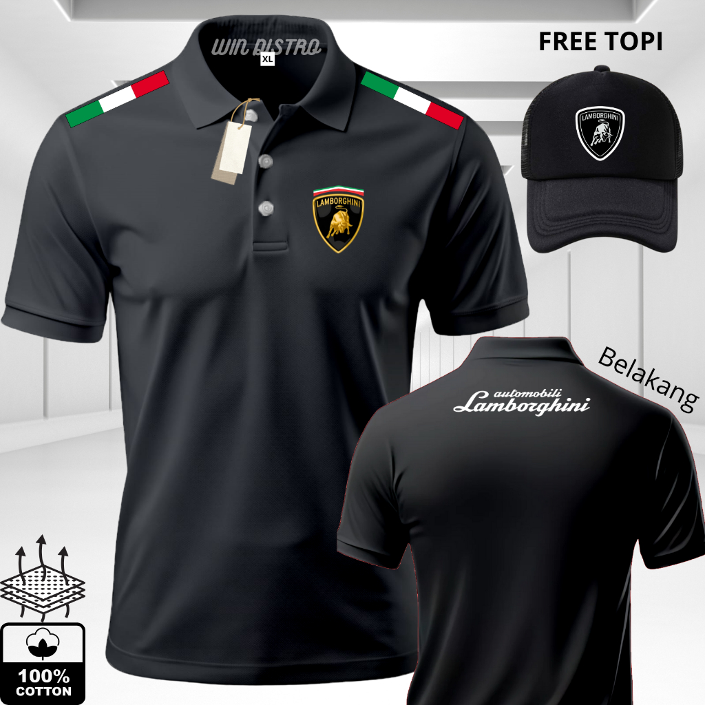 COD Kaos Polo Shirt Lamborjini Pria | Kaos Polo Premium Desain Sporty Elegan + Bonus Topi Eksklusif