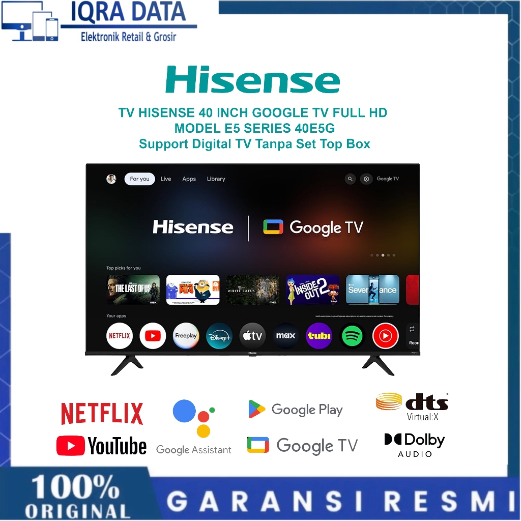 Hisense 40 inch Android TV Hisense 40E5G Full HD - Dolby Audio - DTS Virtual x - Perintah Suara