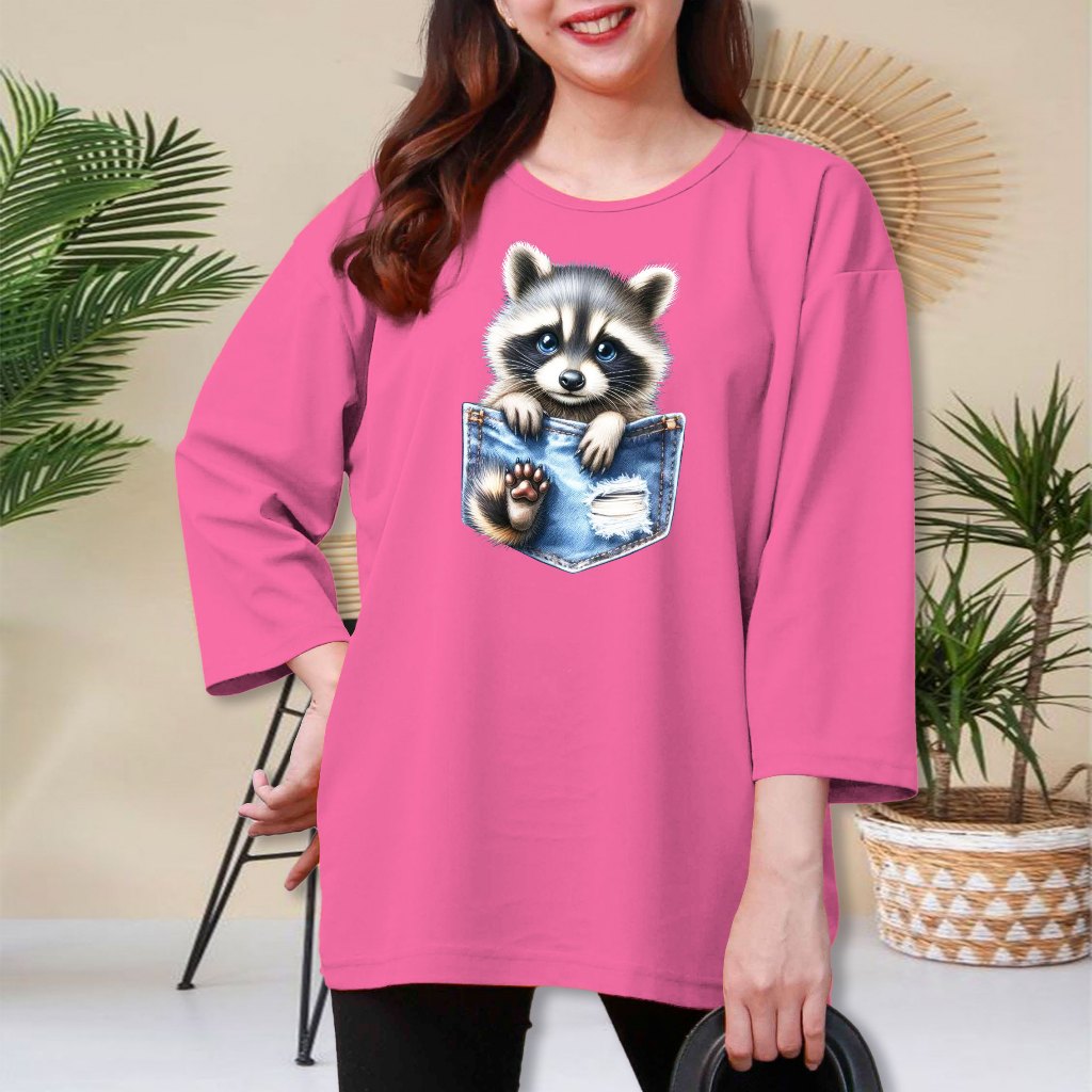 Kaos Atasan Oblong Wanita Jumbo Print Raccoon Jeans Bahan Voxy Ukuran Xxxl Oversize