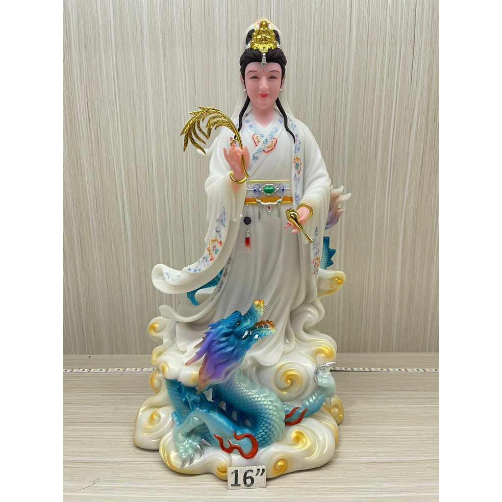 patung Dewi Kwanim Injak naga - guan yin berdiri diatas naga 16in bahan marmer
