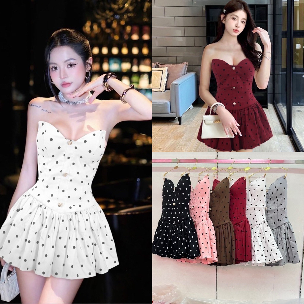 DRESS MINI KEMBEN POLKADOT KANCING SEXY / DRESS PENDEK GAUN PESTA