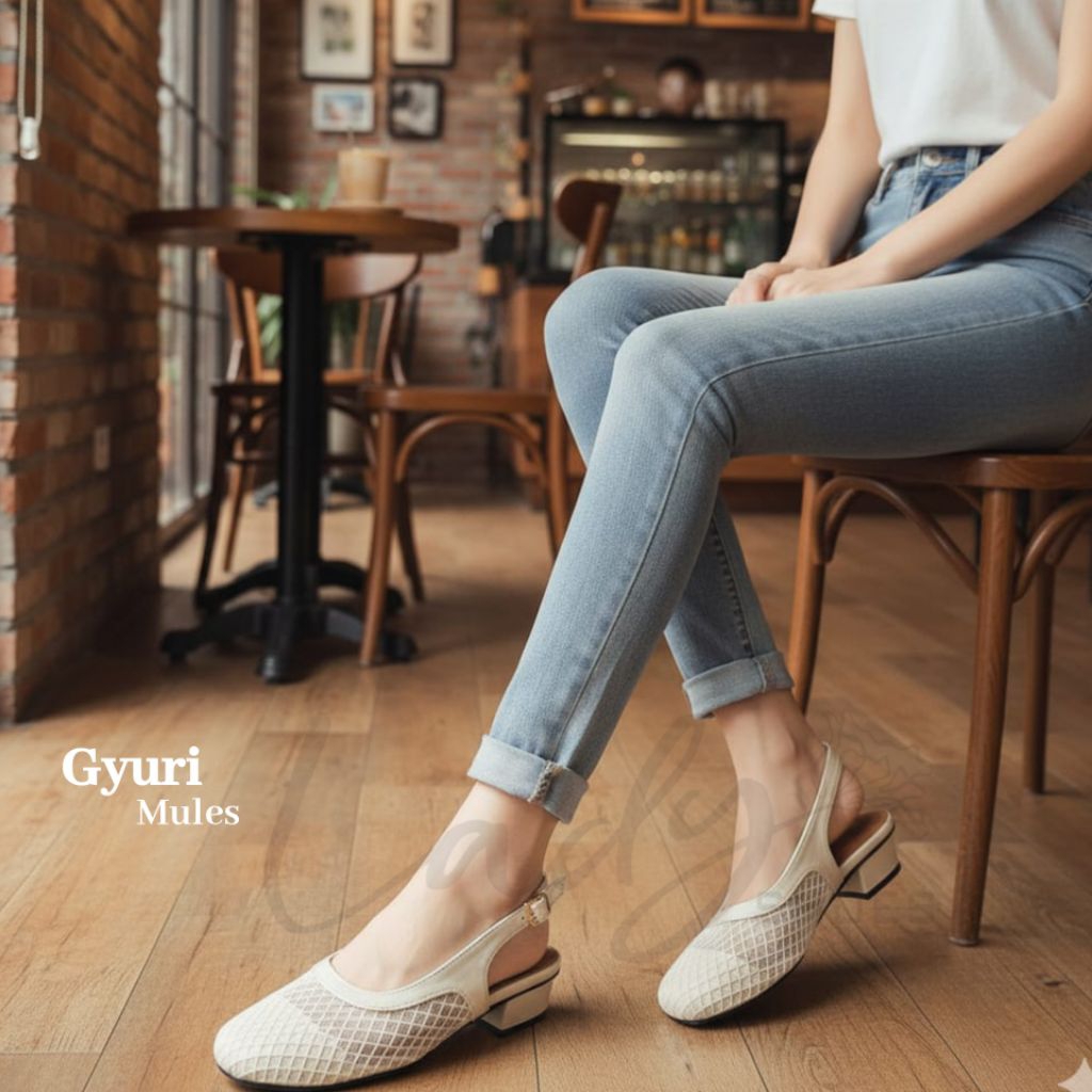 Lady - GYURI  Flat Mules Sepatu Sandal Wanita Jaring/Mesh brokat Korean Style Slingback heel hak 2cm