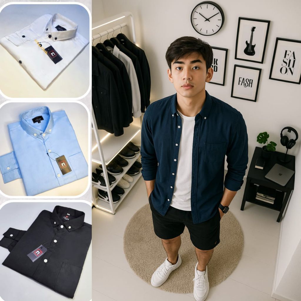 Baju Kemeja Polos Pria Slimfit Katun Premium Distro Atasan Hem Cowok Kasual Hitam Putih Navi
