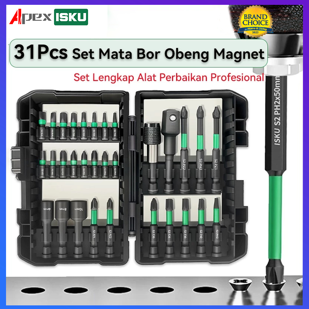 ISKU 31pcs Mata Bor Obeng Magnetic Ph2 Anti Slip Mata Obeng Hex Shank Magnetik 31in1 Set Mata Obeng 