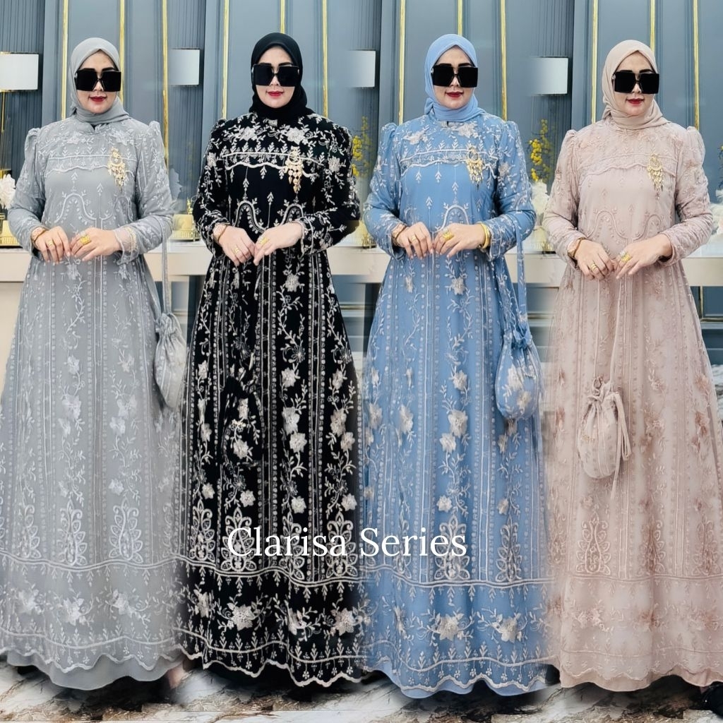Gamis pesta mewah elegant Clarisa set Pashmina tile brukat ceruti babydoll