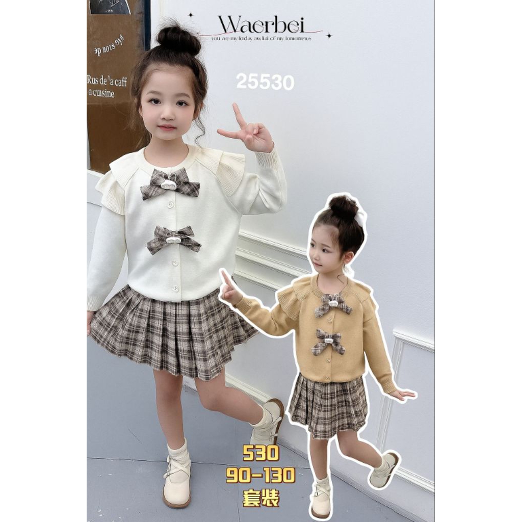 Set Baju Anak Perempuan Cardigan Pita + Rok Tartan | Outfit Korea Kids | Set Anak Cewek Lucu 90-130