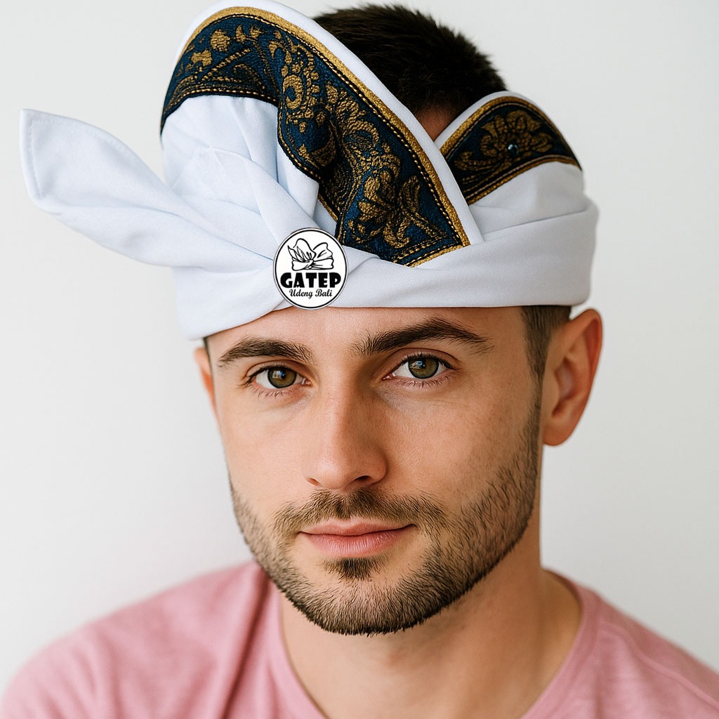 Udeng Bali Putih Polos Tepi Hitam Setengah Jadi - Ikat Kepala Bali - Topi Bali - Blangkon Bali