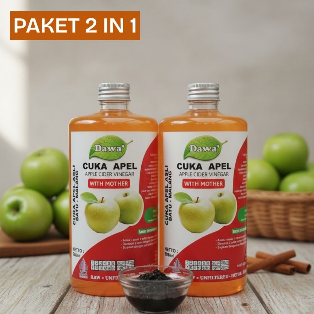 cuka apel 1 liter ( 2 botol 500ml) - cuka apel DAWA' - cuka apel organik - cuka apel premium - cuka 