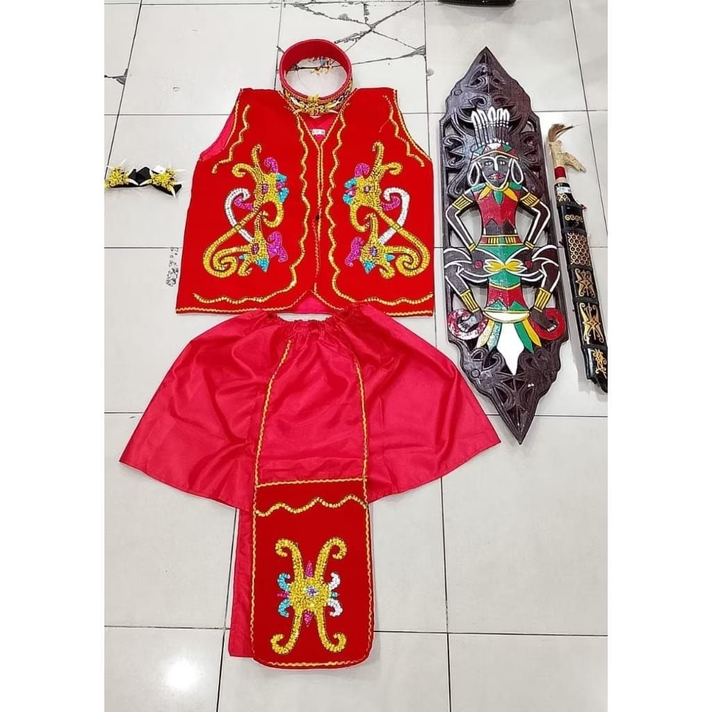 BAJU ADAT DAYAK COWOK FULL AKSESORIS TARI - BAJU ADAT DAYAK MERAH - BAJU ADAT DAYAK MERAH DEWASA