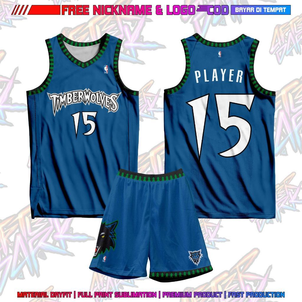 Jersey Basket Timber Wolves Biru gratis pasang nama