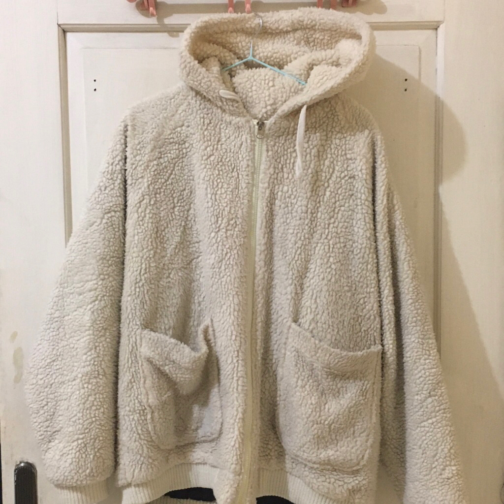 beige cream sherpa winter jacket hoodie zipper from acover