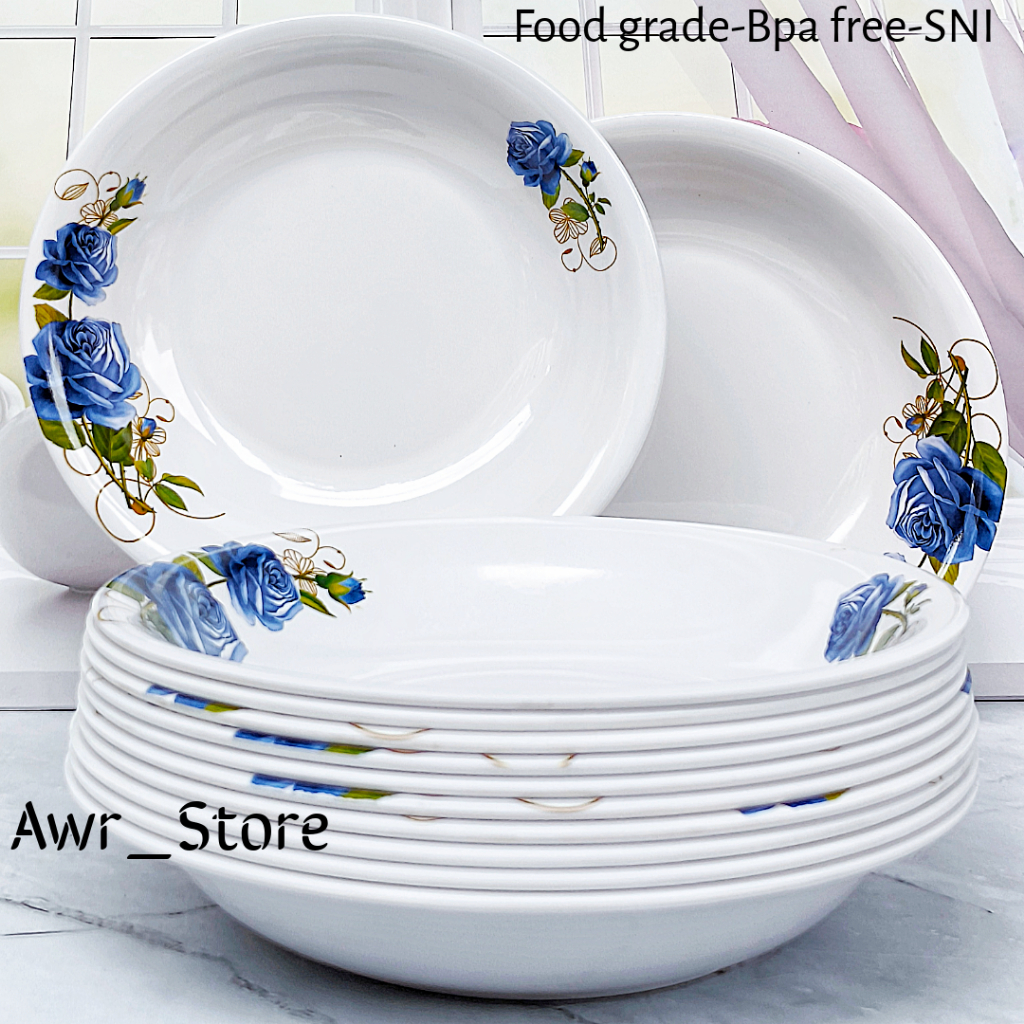 1 Lusin Piring Melamin Motif Bunga Biru Keluaran Terbaru