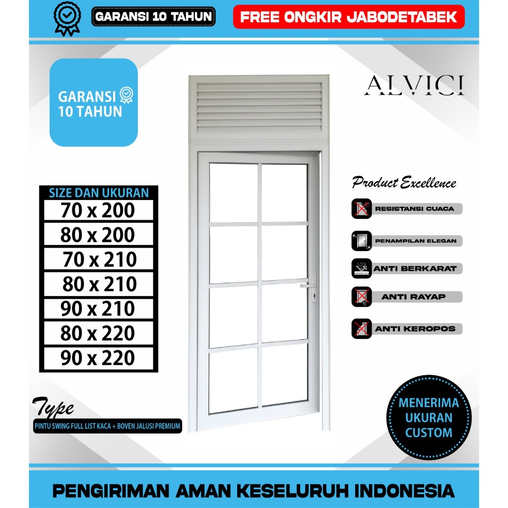 Pintu Single Swing List Kaca + Boven Jalusi Pintu Kamar Mandi UPVC Premium ALVICI