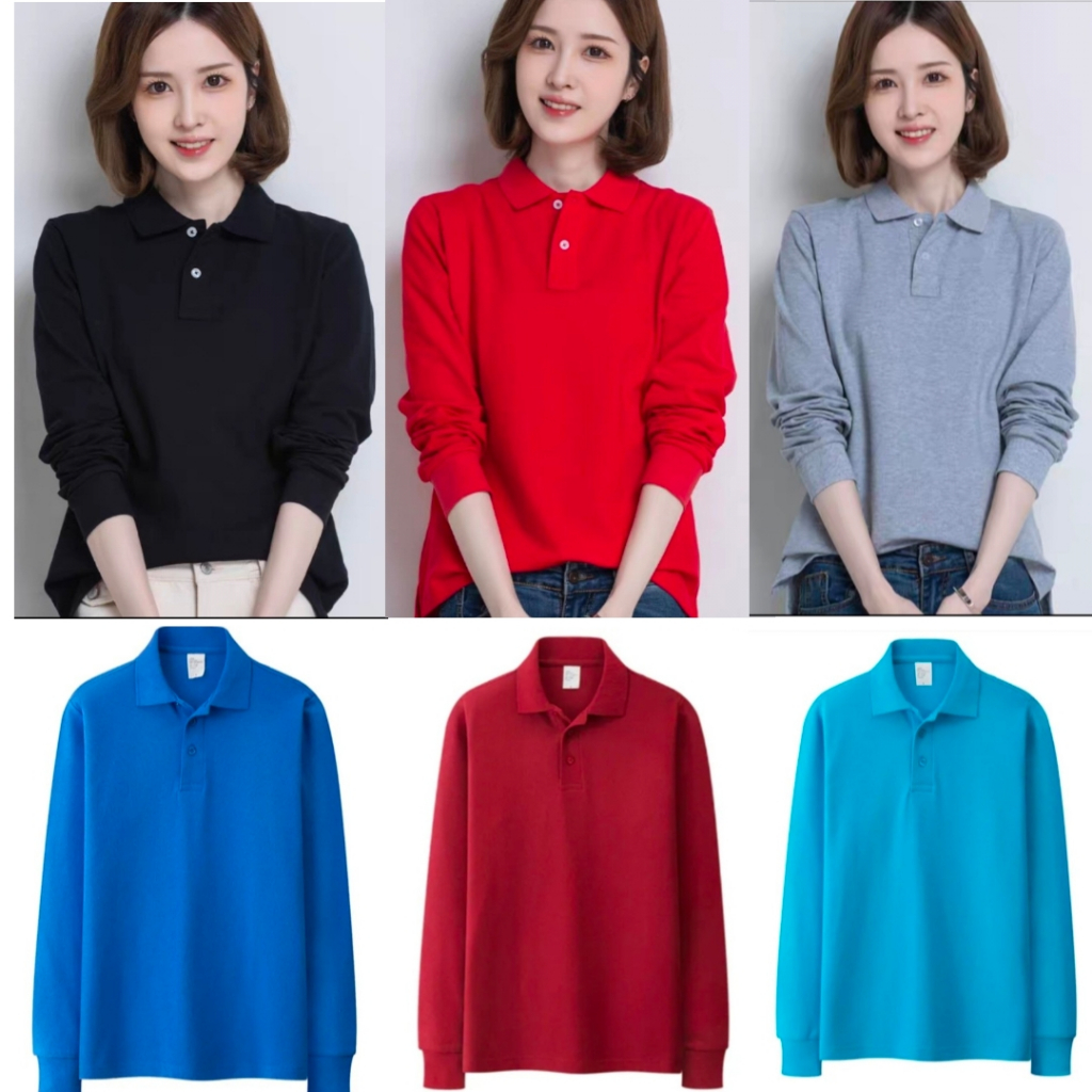 Kaos Kerah Polos Lengan Panjang/Kaos Kerah Seragam Lengan Panjang Unisex