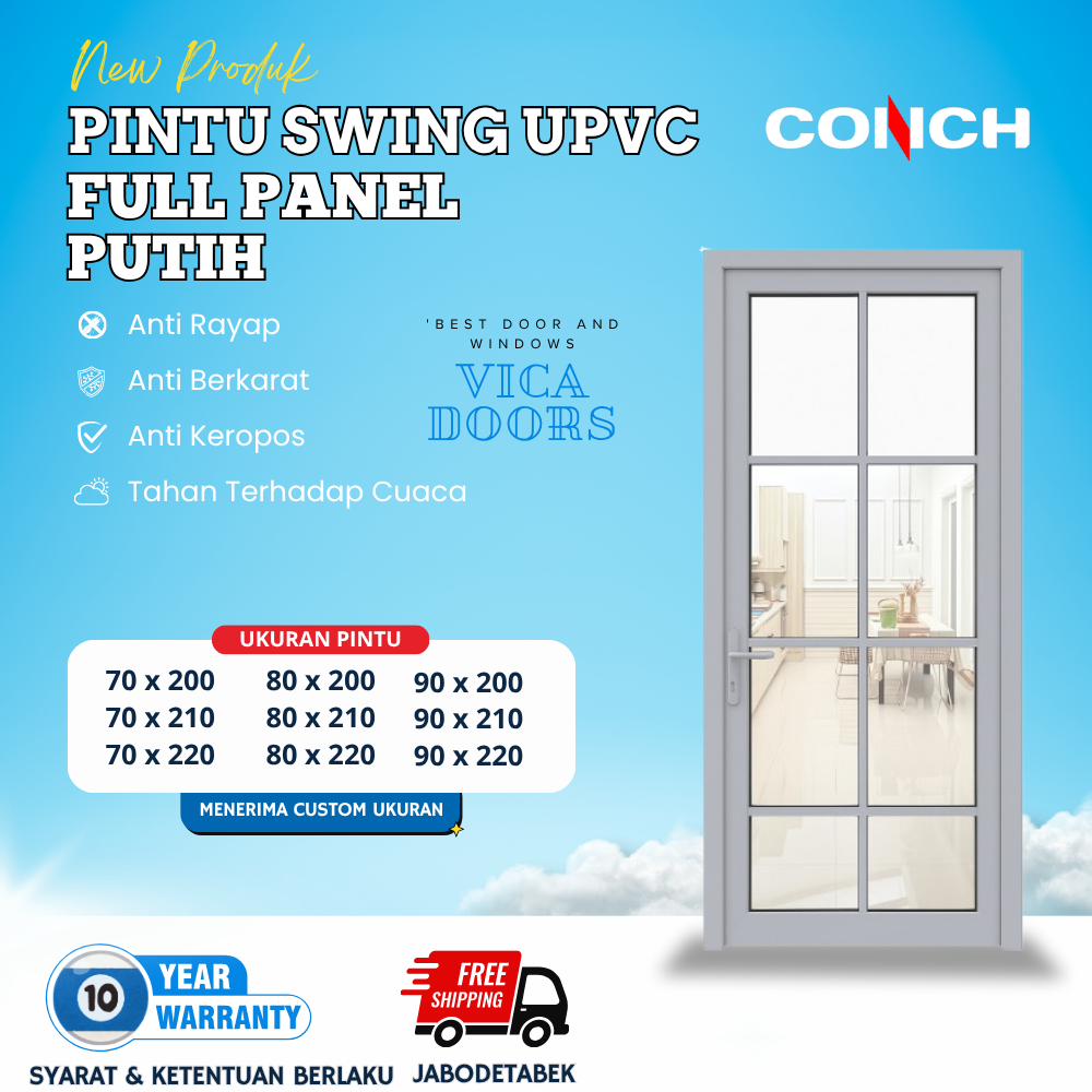 Pintu Swing Full List Kaca UPVC Pintu Kamar Modern Minimalis Warna Putih Conch UPVC