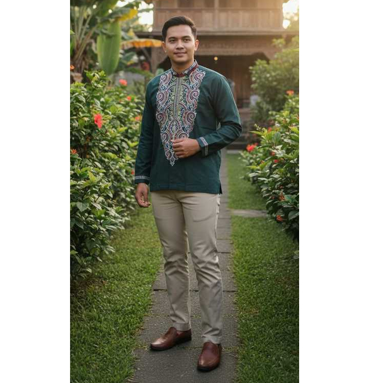 SumberRejekiJeans (BONUS DUS) MOERBA Baju Koko Pria Lengan Panjang Bordir Badan Warna Hijau Tosca 07