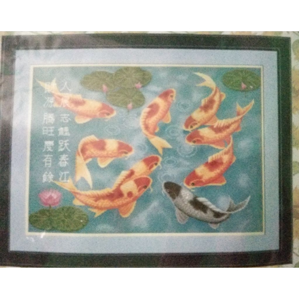 1 set sulam strimin ikan koi kerajinan tangan kristik tusuk silang bonus pemidangan