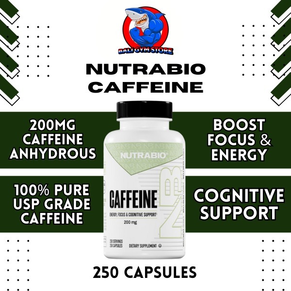 Nutrabio USA Pure CAFFEINE 200mg - 250 Kapsul Energi Murni, Fokus & Dukungan Kognitif