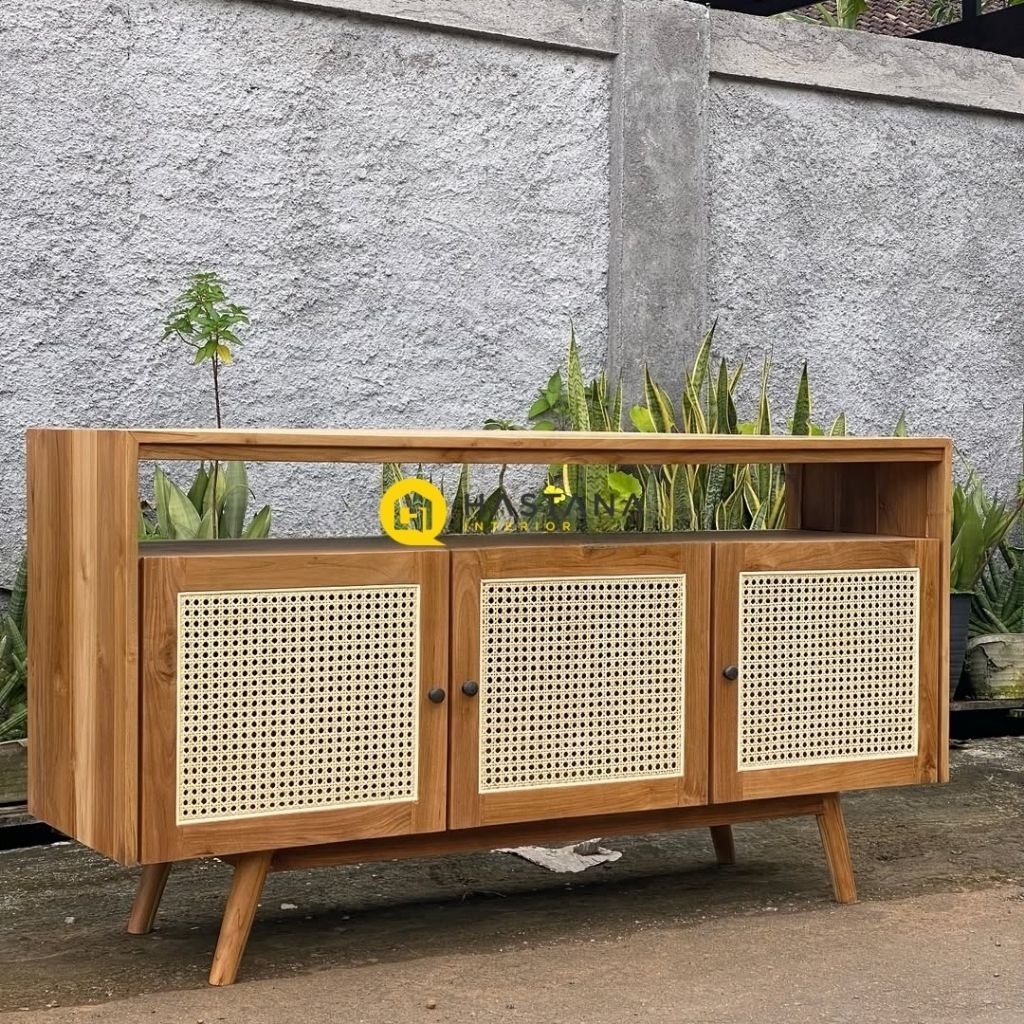 meja tv kayu jati kombinasi rotan konsol tv minimalis rotan bufet tv kayu jati