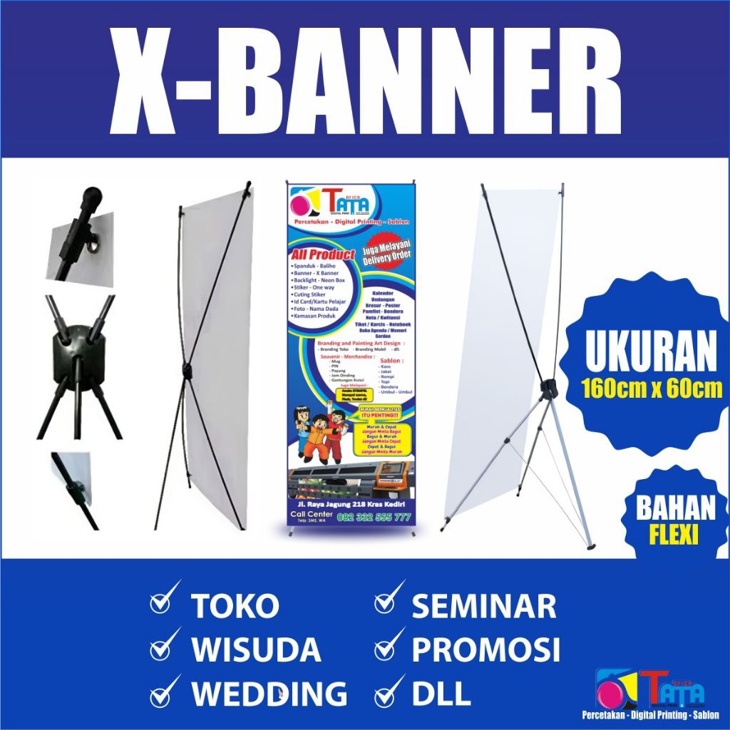Cetak Paket X banner + tiang dan Y banner, Spanduk, Banner Wisuda, Banner Wedding, Olshop, Aqiqah, U