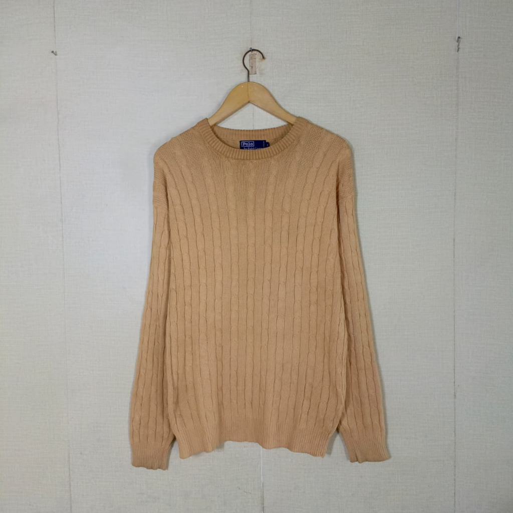 Sweater Kepang POLO Ralph Lauren Kuning Size M Pria Wanita Cable Knit Unisex Bahan Tebal OB891