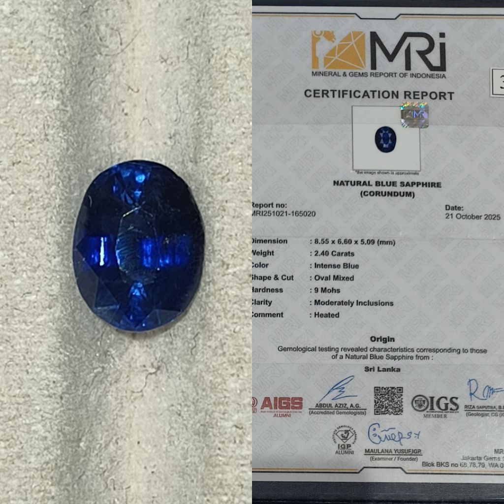 Natural Blue Sapphire Srilanka 2,4ct Heat Only Serti MRI
