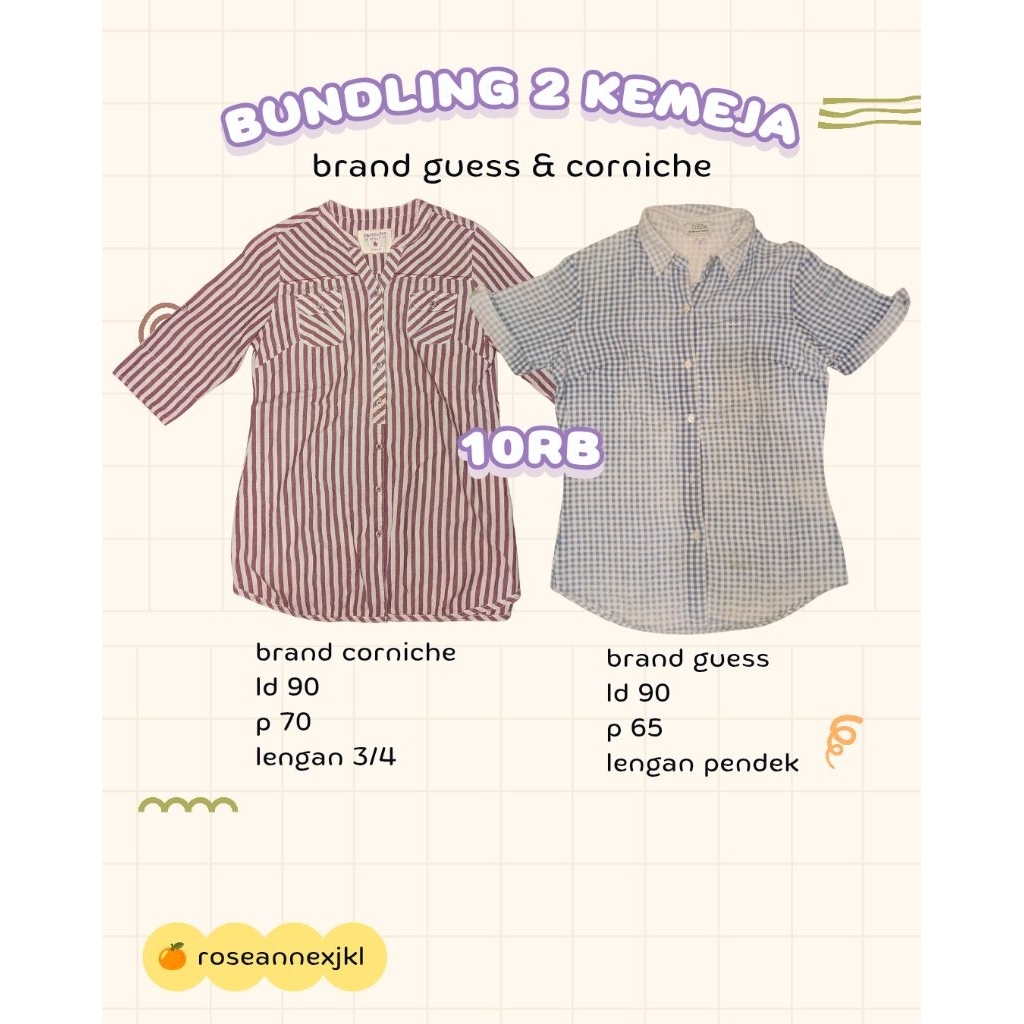 SECOND BUNDLING 2 KEMEJA BRAND GUESS & CORNICE LENGAN PENDEK BIRU MUDA KOTAK SOFT UNGU SALUR
