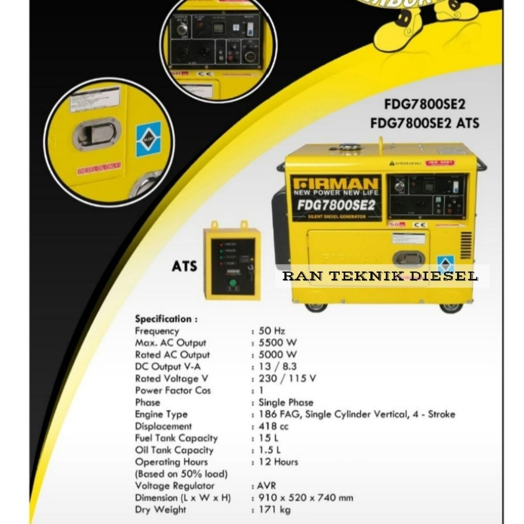 Firman Mesin Genset 5000 Watt Silent Diesel FDG 7800 SE + Panel ATS