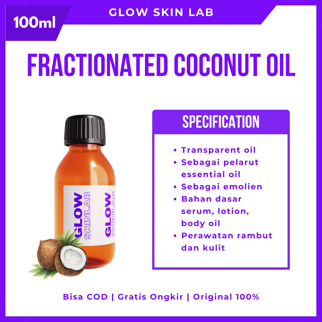 Fractionated Coconut Oil 100ml FCO Minyak Kelapa Fraksionasi Bahan Skincare Essential Oil Krim
