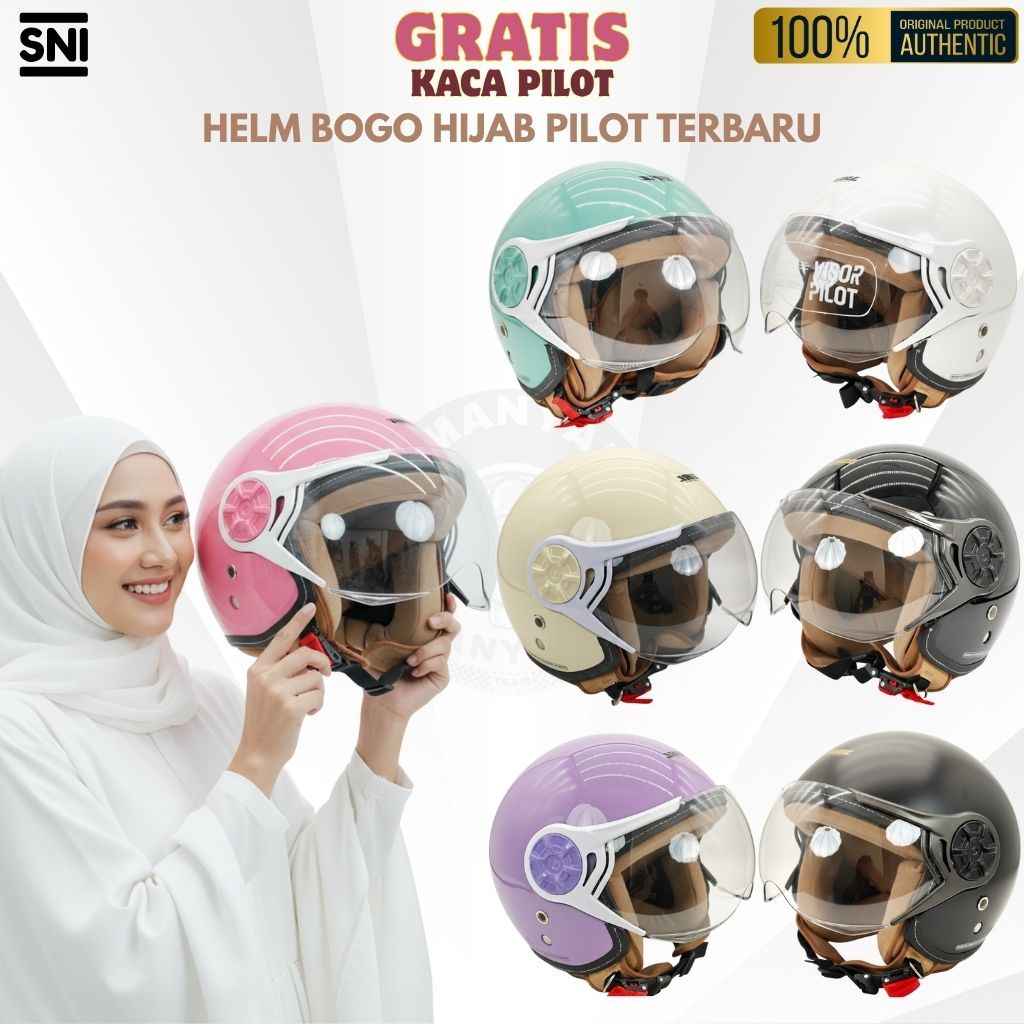 Helm BOGO Hijab Pilot Premium - SNI / Helm Retro Wanita / Anti Pusing & Nyaman untuk Hijab