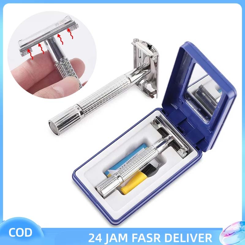Razor Manual Pria Pisau Cukur Kumis Gagang Besi / Safety Razor Alat Cukur Jenggot Stainless Isi Ulan