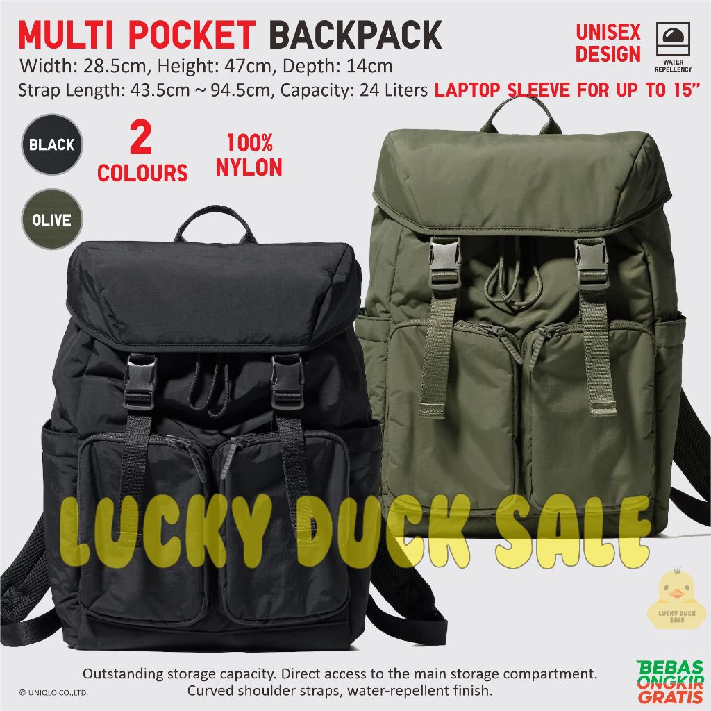 UNIQLO Multi Pocket Backpack Bag Nylon Tas Ransel 24L Unisex Nilon Tablet Netbook Payung Flap-Top