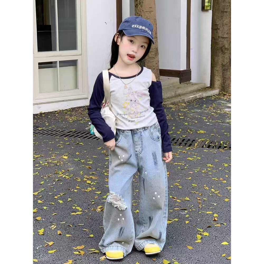 OOTD Anak Perempuan Kekinian Setelan Anak Perempuan One Set Anak Cewek Atasan + Celana Jeans Kulot