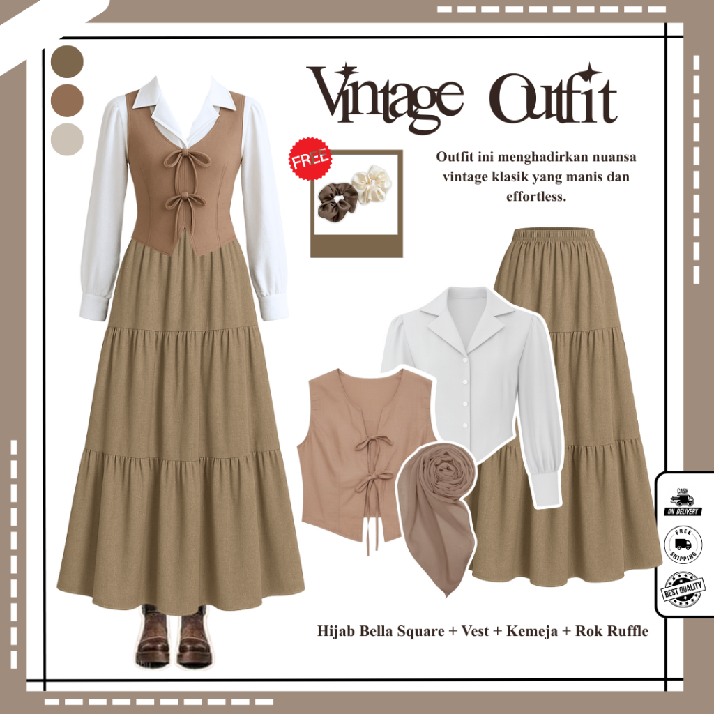 Zara Outfit Vintage Style ( Hijab + Vest + Kemeja + Rok Ruffle ) Outfit Yearbook Wanita - N39