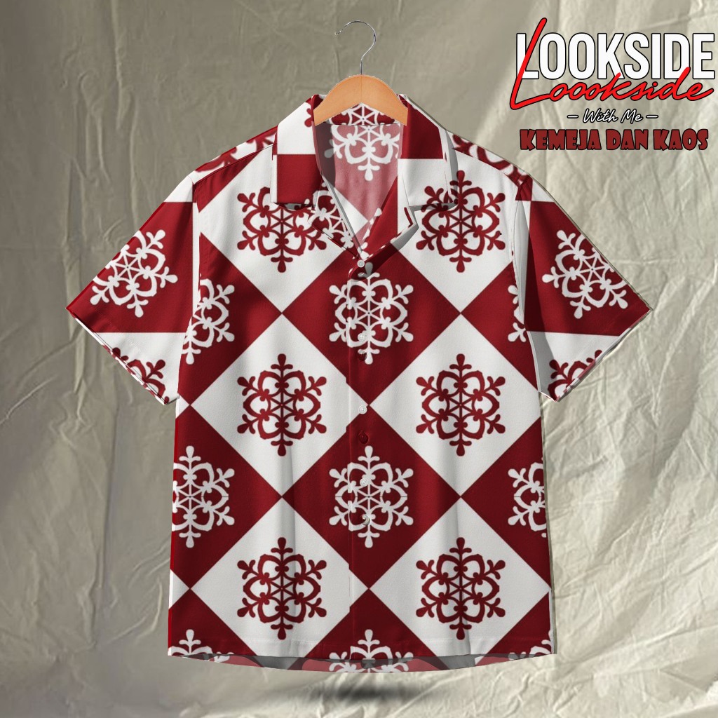 LOOKSIDE Kemeja Natal Pria Keren – Baju Pesta Motif Salju Merah Putih | LOK238