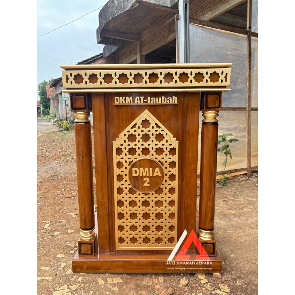 podium minimalis, mimbar podium masjid, podium kayu jati asli, mimbar masjid