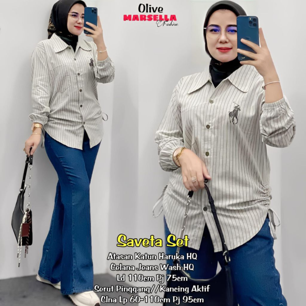 Saveta Set By Marsella//Baju Setelan Wanita Bahan Katun Haruka HQ Celana Jeanswash HQ Kancing Aktif 
