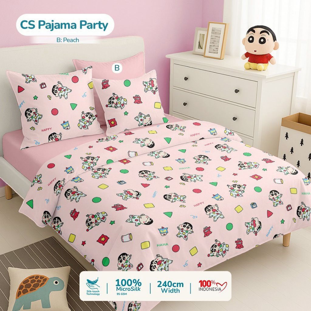 Sprei Karakter Anak Sinchan Pajama Party Peach Sarung Bantal Guling Ukuran Lengkap Kain Karet