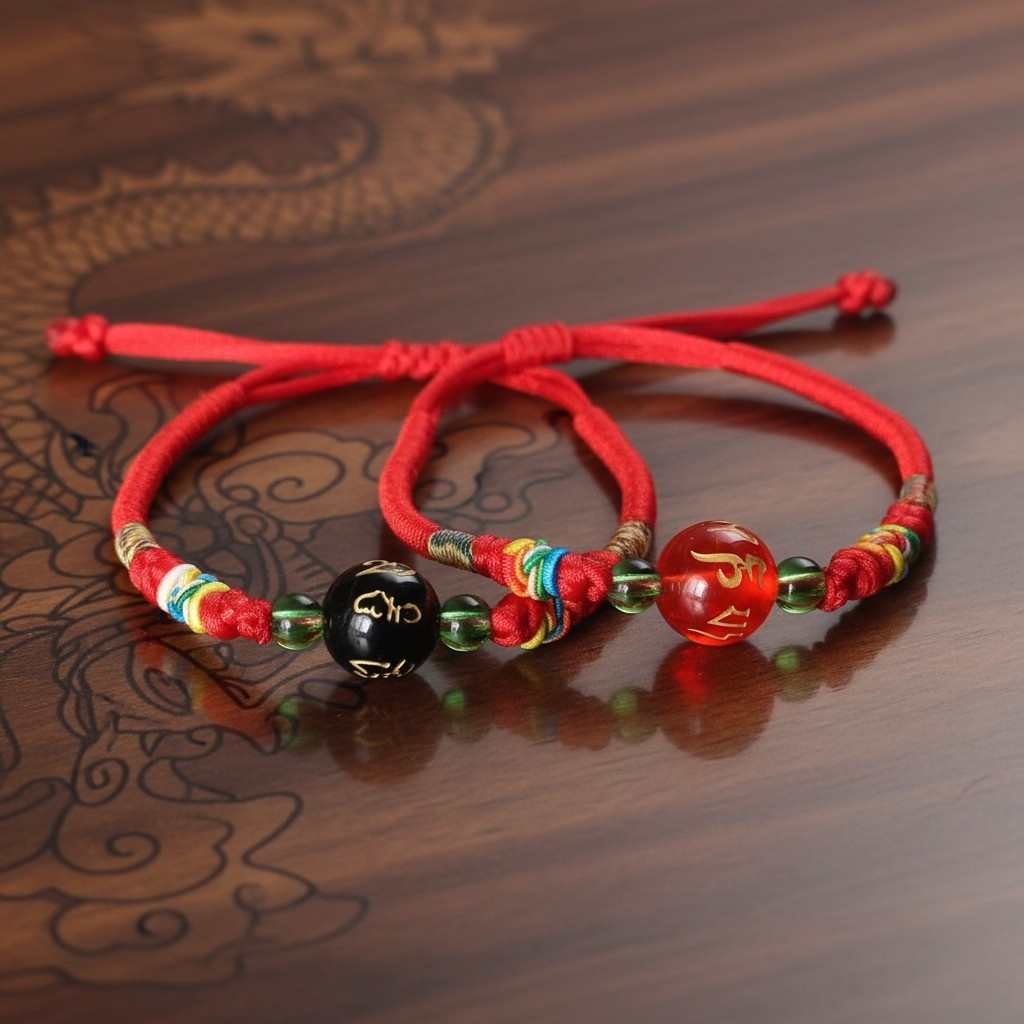 Gelang Tali Merah Etnik Tibet Motif Ukiran Emas - Gelang Couple Serut Adjustable Pria Wanita