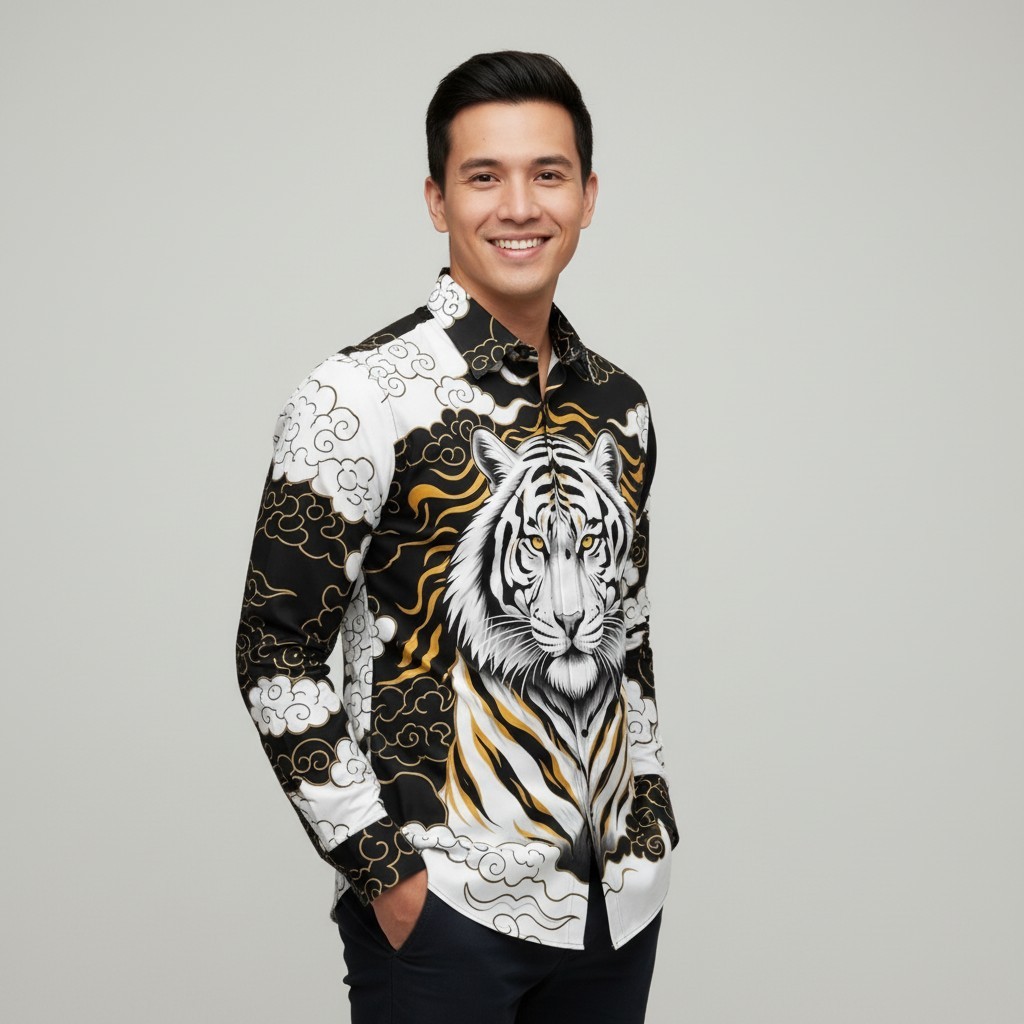 HOT SALE Batik arwinda Tiger White-Gold Kemeja batik lengan panjang pakai puring