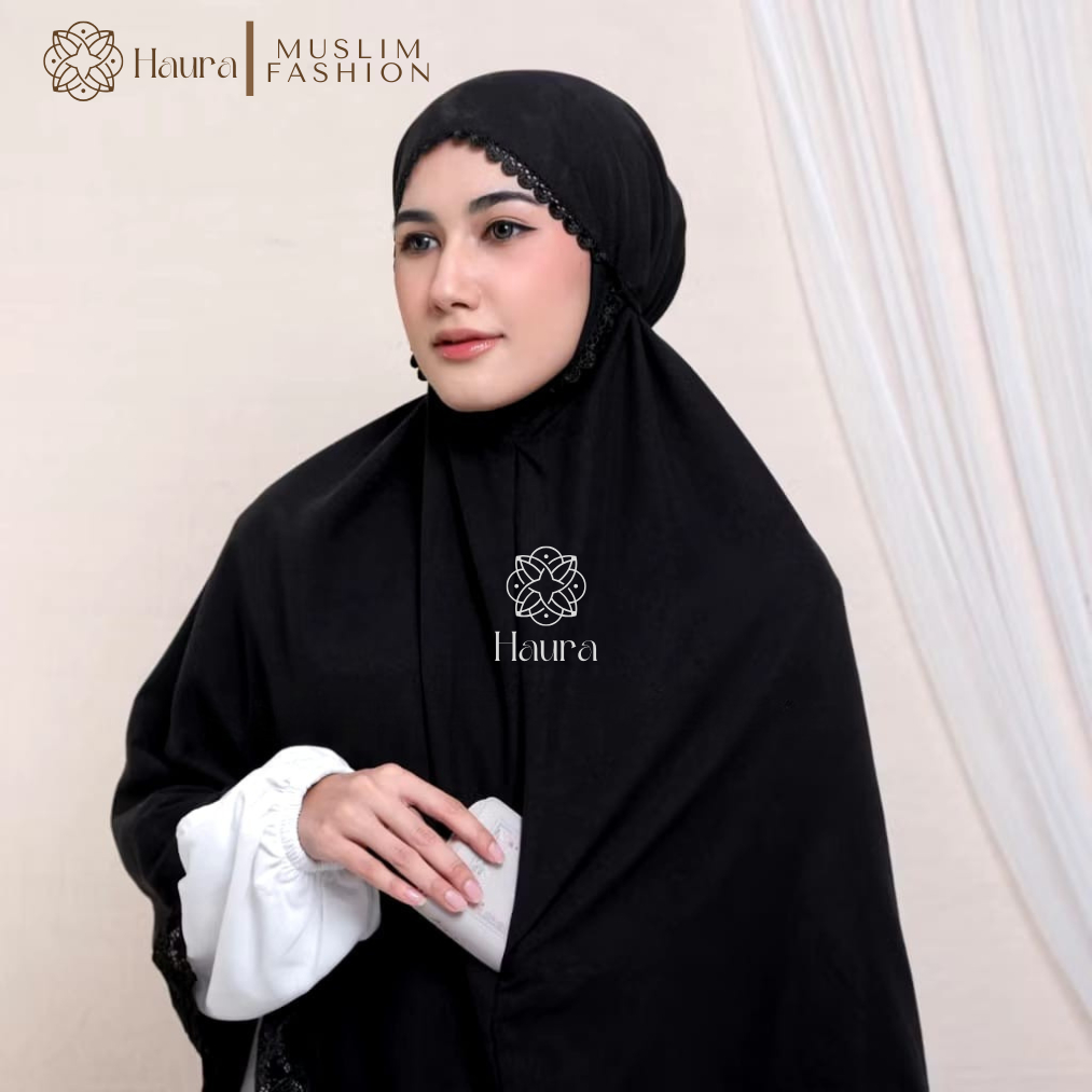 Bergo Umroh Haji Bersaku Bahan Katun Premium Renda Mewah Jumbo Jilbab Umrah Terbaru Hitam Putih