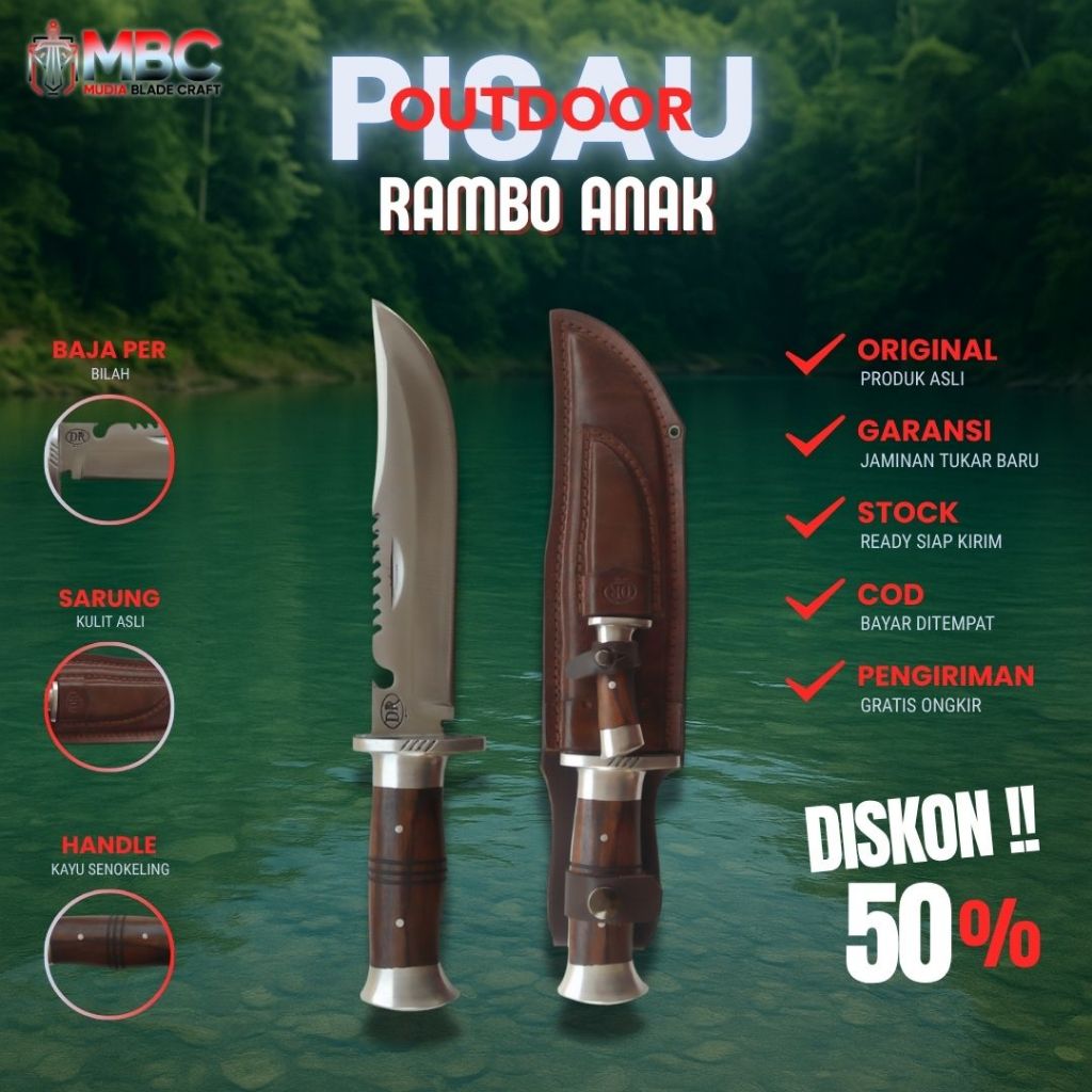 Pisau Rambo Anak Baja Full Tang Sarung Kulit Asli