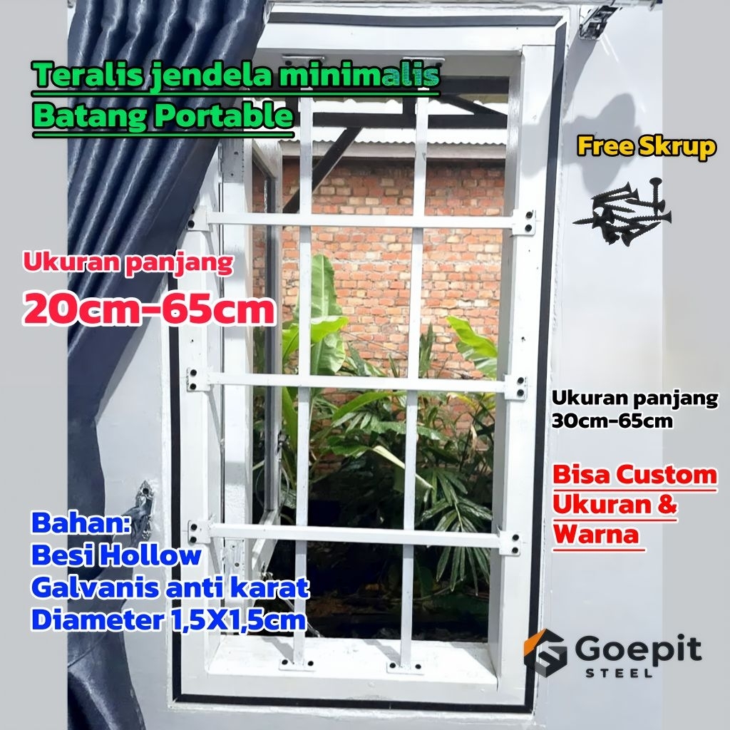 Teralis tralis jendela minimalis batang portable, Ukuran Panjang 20cm-65cm, Bahan besi Hollow Galvan