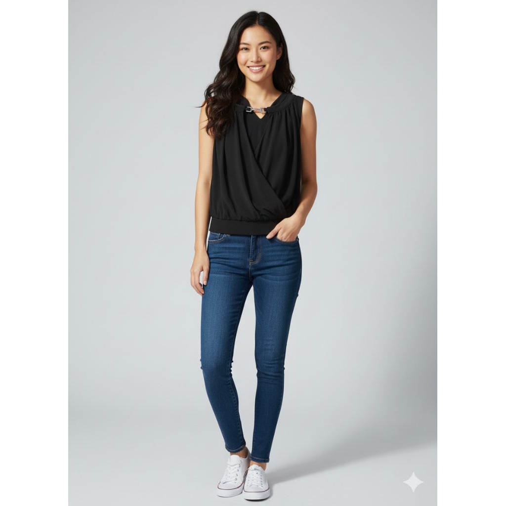 Blouse Wrap WHBM Black atasan Blus hitam tanpa lengan branded wanita