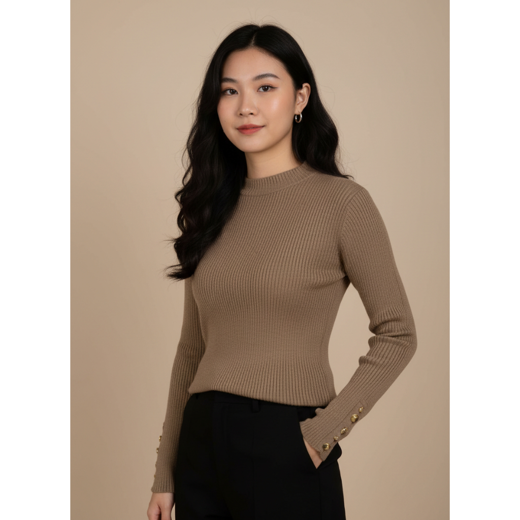 Manset Rajut Wanita Kancing Gold Lengan Panjang / Atasan Rajut Turtleneck Wanita Lengan Panjang Prem